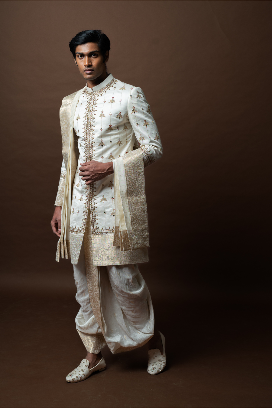 Embroidered Sherwani with Zari Detailing, Paired with Dhoti & Stole