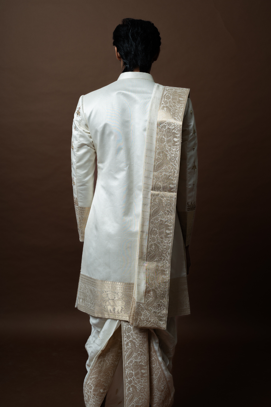 Embroidered Sherwani with Zari Detailing, Paired with Dhoti & Stole
