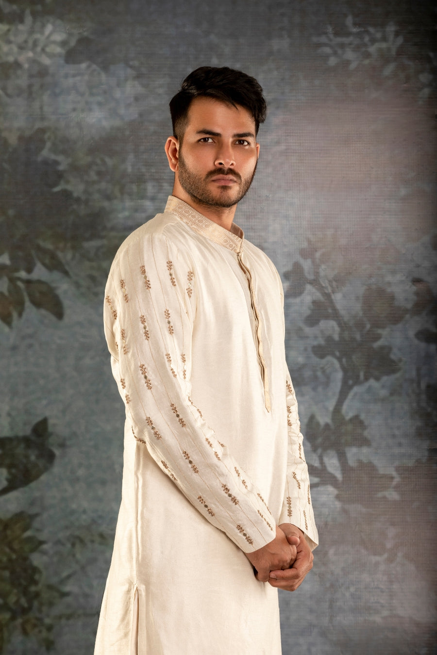 Traditional Elephant motive  Kurta Waistcoat in Cream Color - Tejas Harish