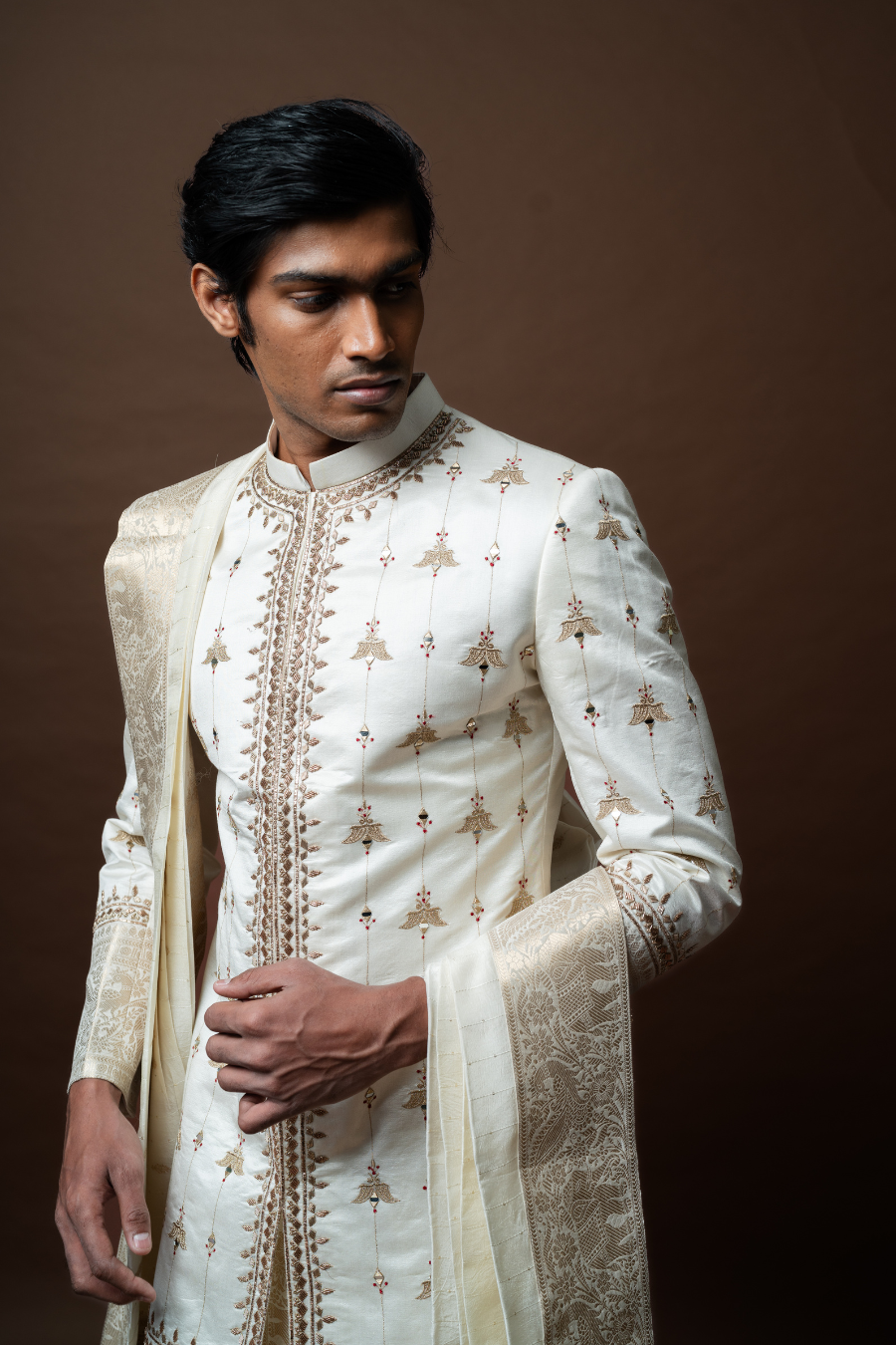 Embroidered Sherwani with Zari Detailing, Paired with Dhoti & Stole