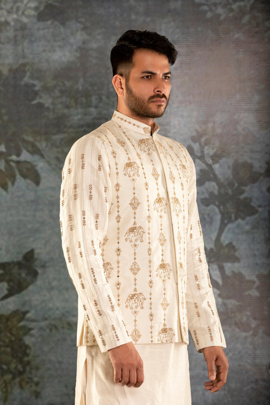 Traditional Elephant motive  Kurta Waistcoat in Cream Color - Tejas Harish