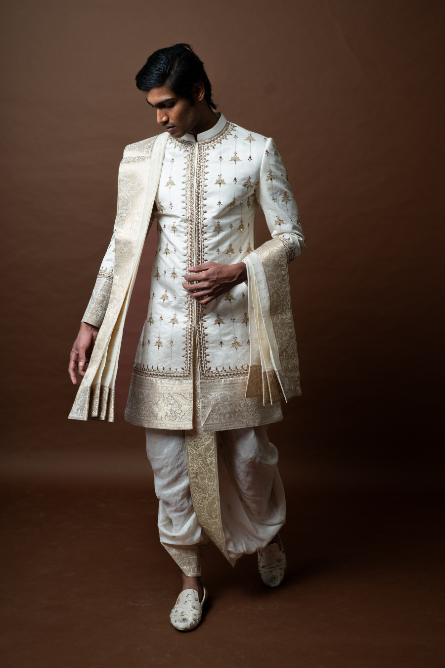 Embroidered Sherwani with Zari Detailing, Paired with Dhoti & Stole