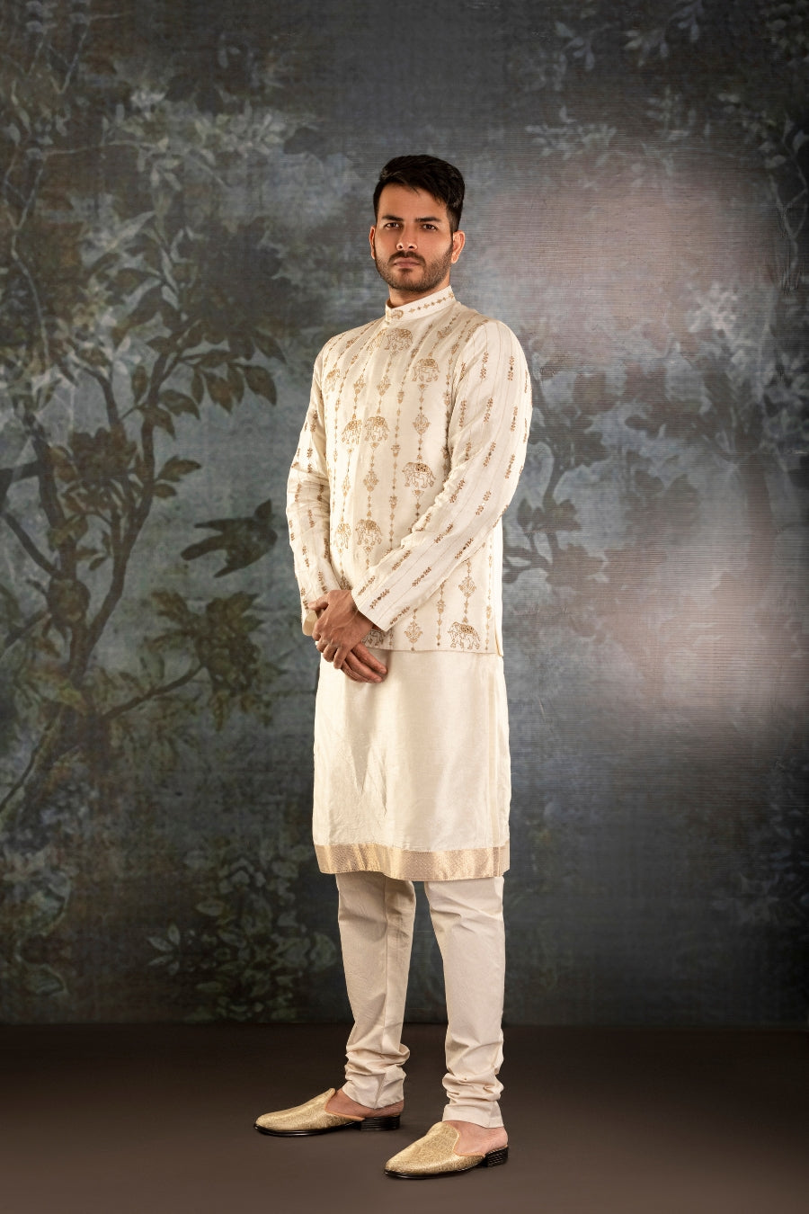 Traditional Elephant motive  Kurta Waistcoat in Cream Color - Tejas Harish