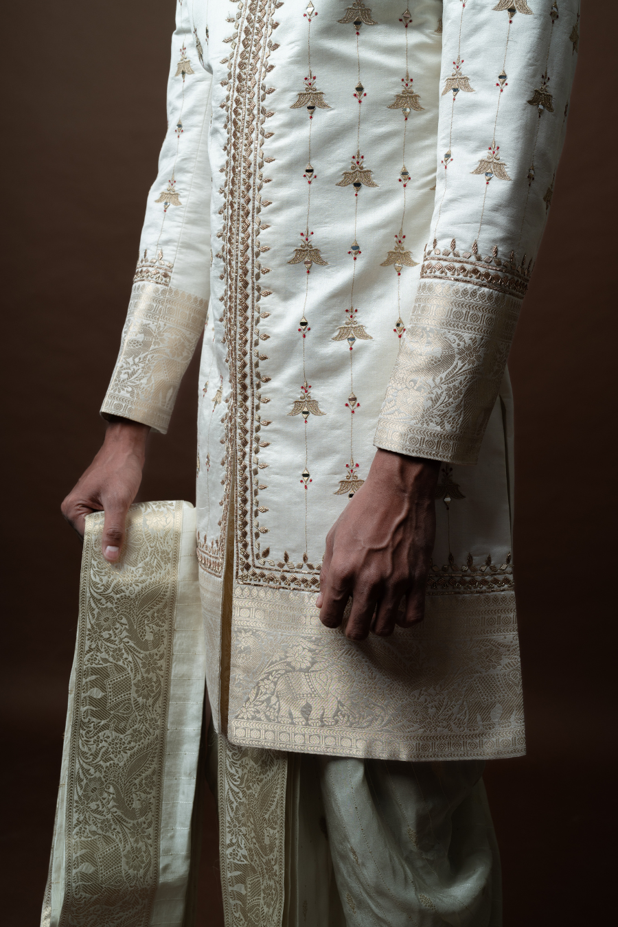 Embroidered Sherwani with Zari Detailing, Paired with Dhoti & Stole