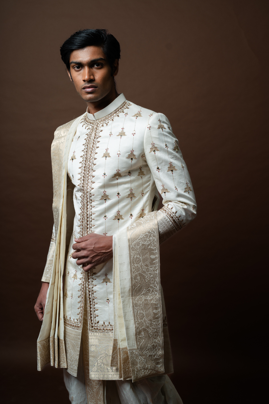 Embroidered Sherwani with Zari Detailing, Paired with Dhoti & Stole