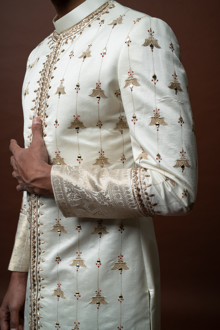 Embroidered Sherwani with Zari Detailing, Paired with Dhoti & Stole