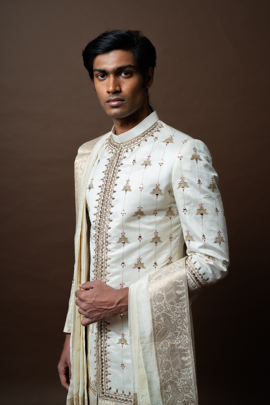 Embroidered Sherwani with Zari Detailing, Paired with Dhoti & Stole