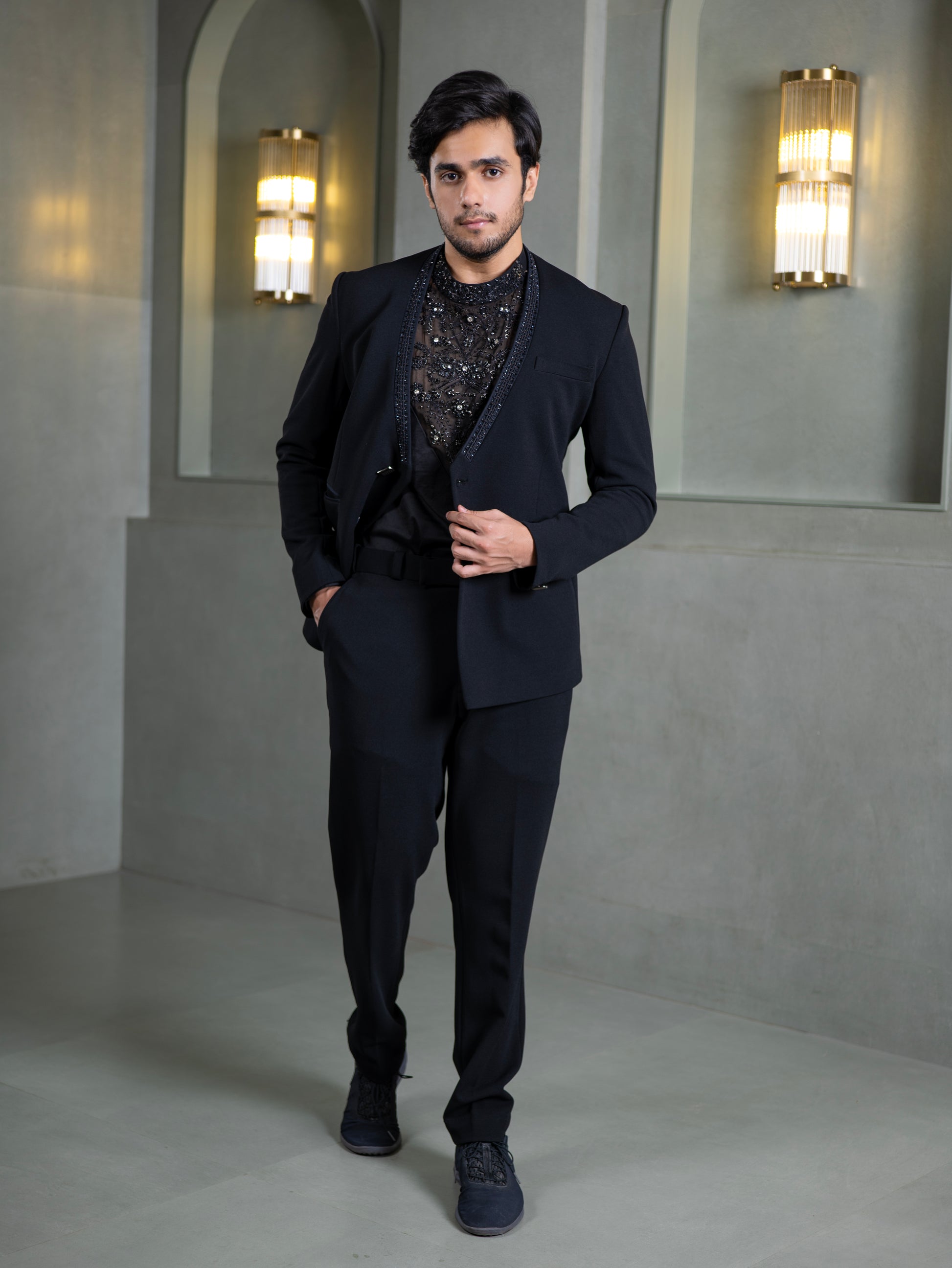 Black Indo-Western Tuxedo with Hand-Embroidered Crystal Detailing - Tejas Harish