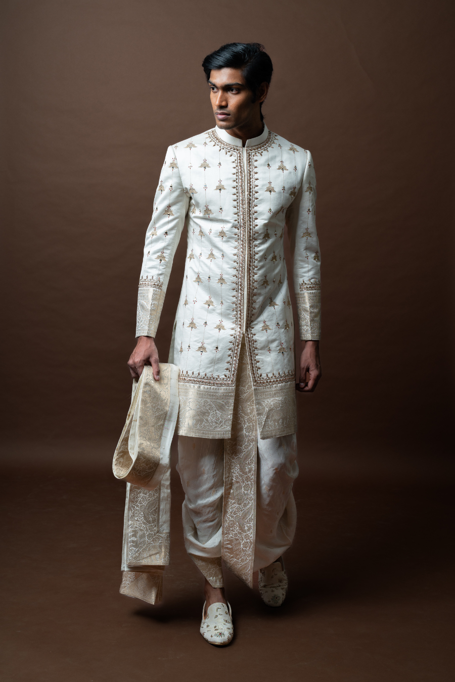 Embroidered Sherwani with Zari Detailing, Paired with Dhoti & Stole