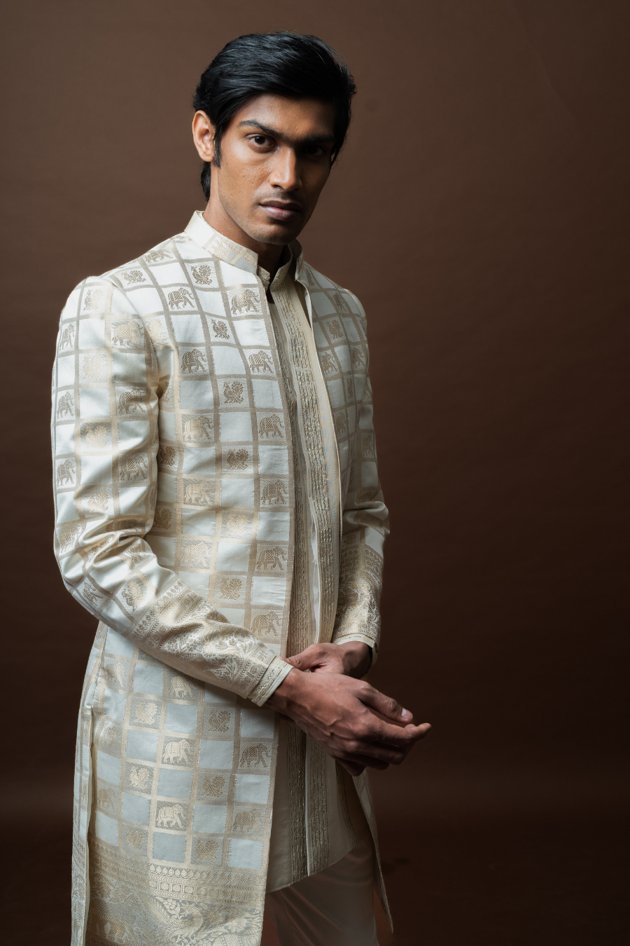 Ivory Brocade Sherwani Set adorned with Royal Grid Motifs
