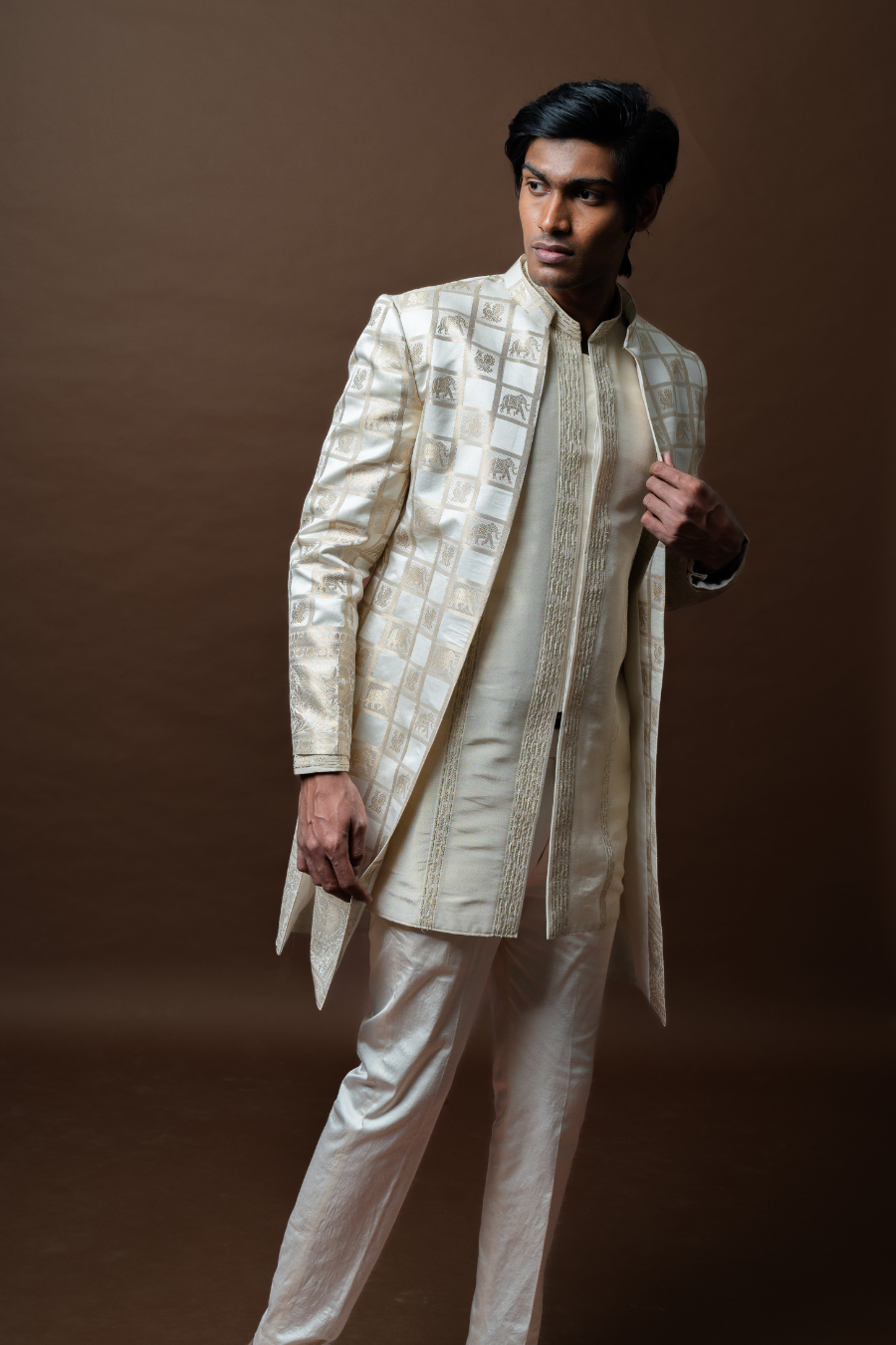 Ivory Brocade Sherwani Set adorned with Royal Grid Motifs