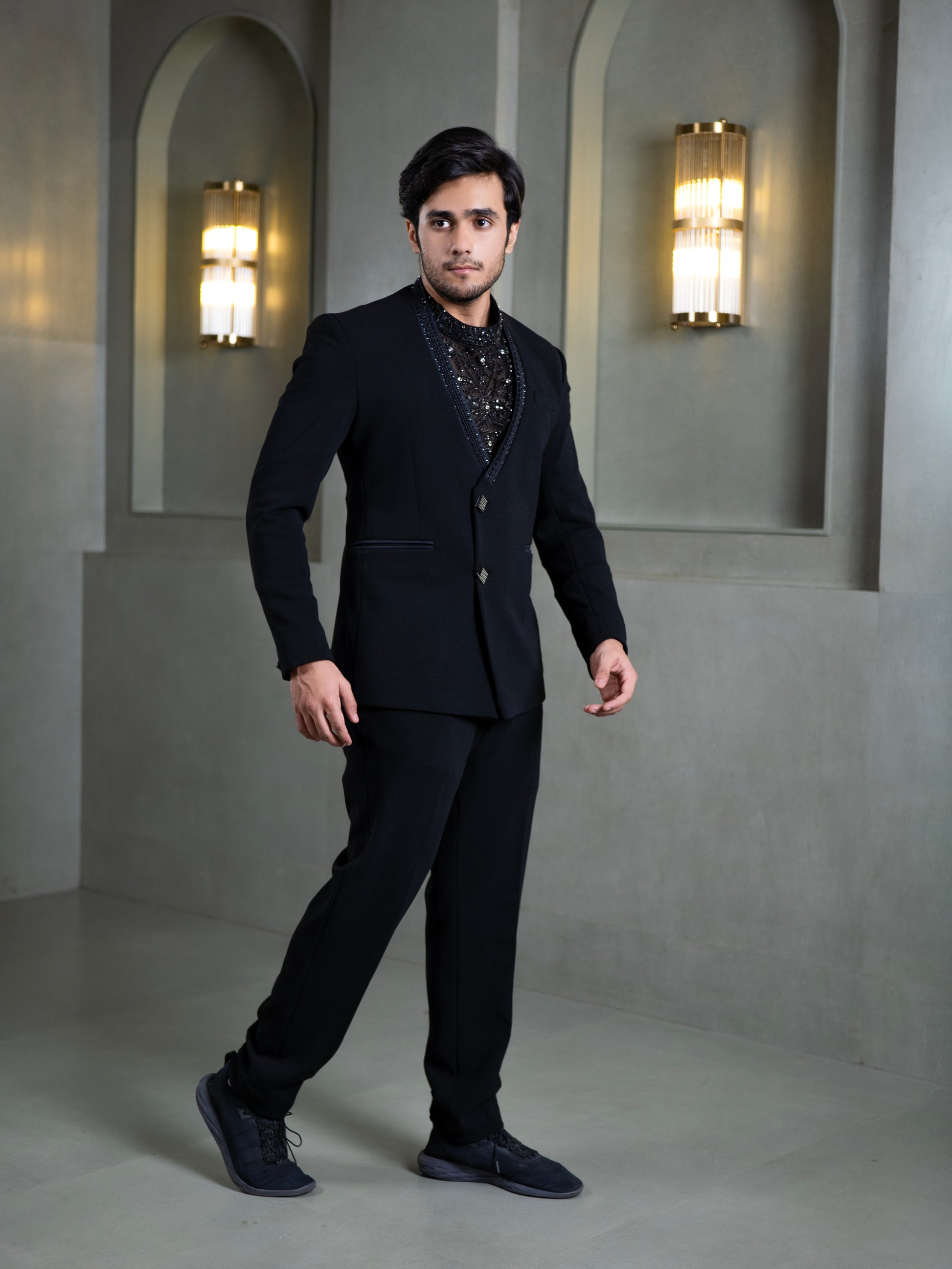 Black Indo-Western Tuxedo with Hand-Embroidered Crystal Detailing - Tejas Harish