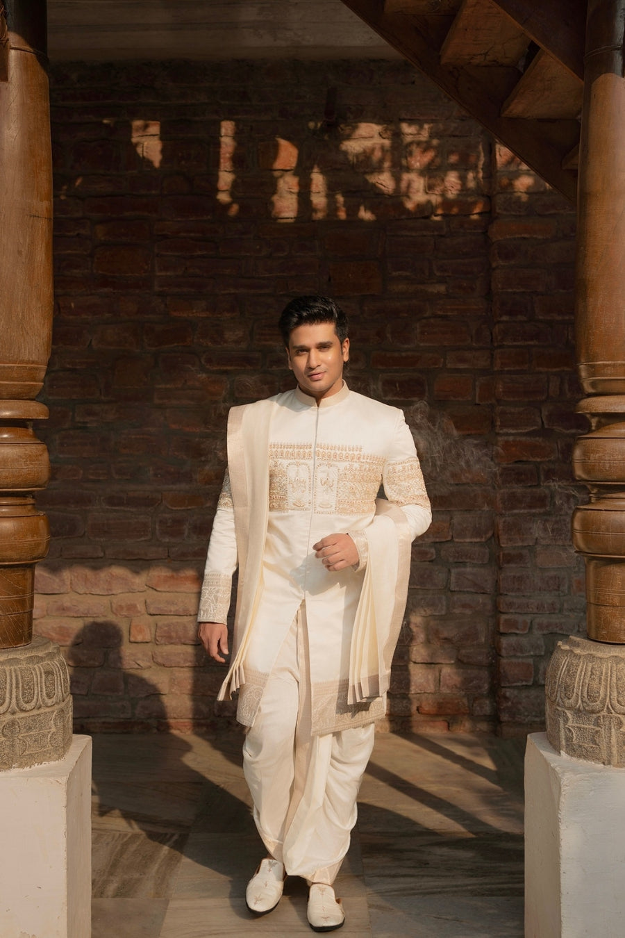 Ivory Royal Embroidered Sherwani - Tejas Harish