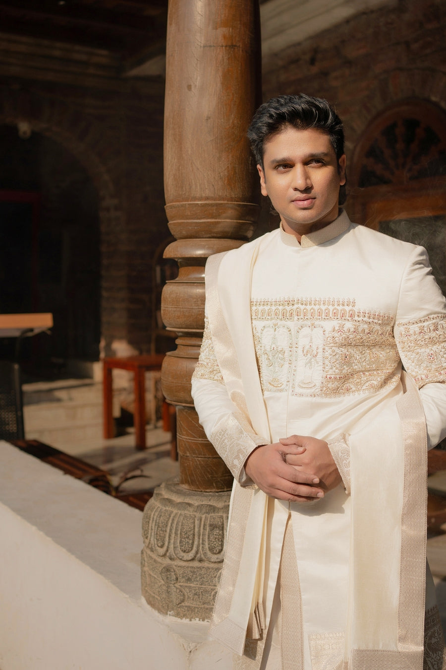Ivory Royal Embroidered Sherwani - Tejas Harish