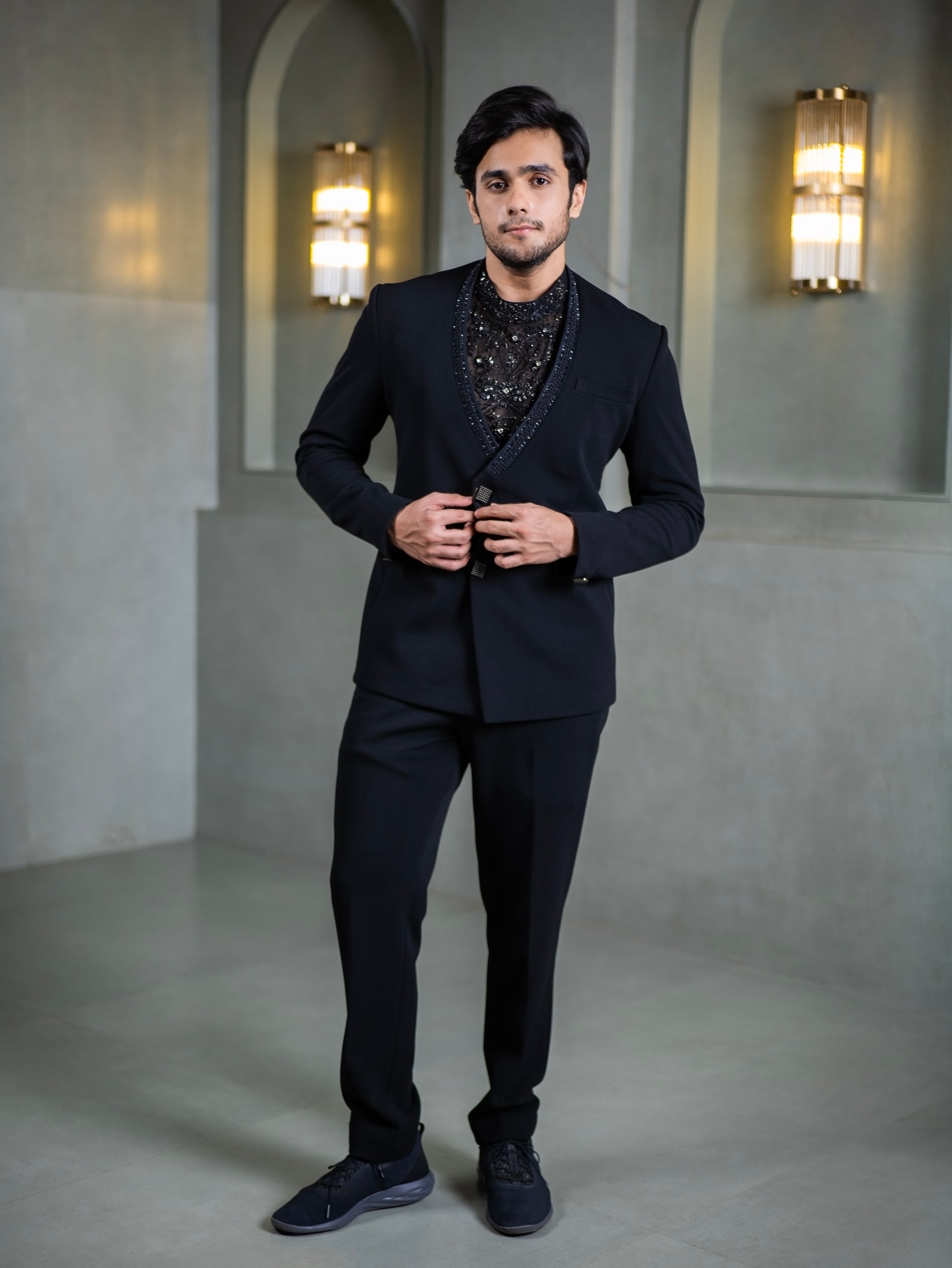 Black Indo-western groomwear with embellished sheer inner kurta – full-length modern ethnic suit for Indian men