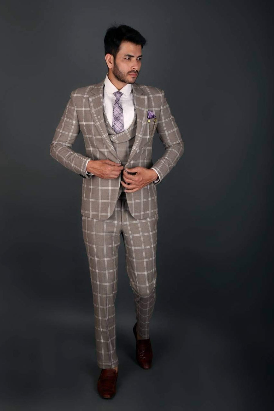 Grey check suit men, 3-piece blazer Hyderabad, Groom reception outfit, Tejas Harish men’s suit, Party wear blazer men