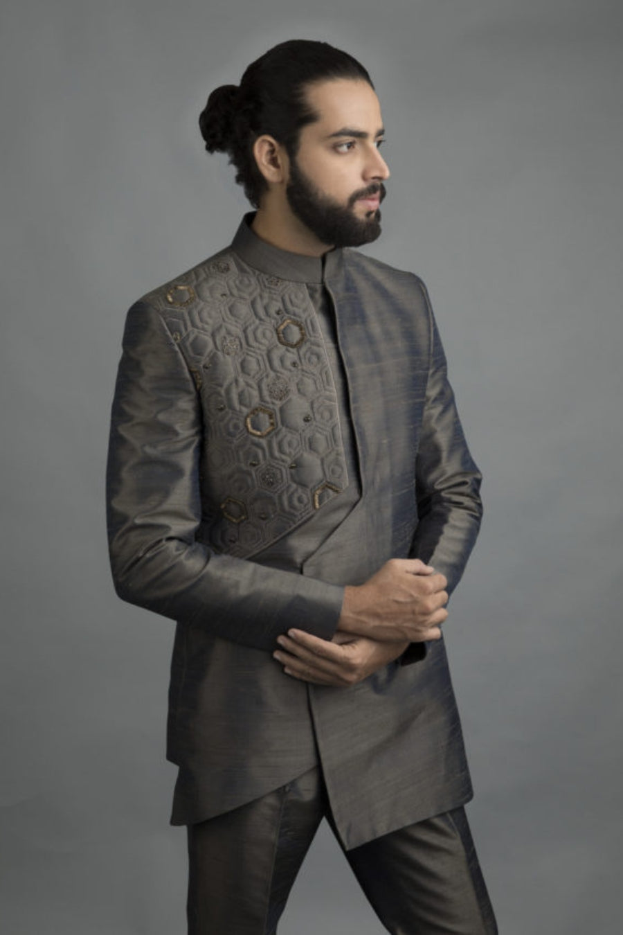 stone-grey-indo-western-hexagon-embroidery-metallic-groom-wedding-reception-sangeet-hyderabad