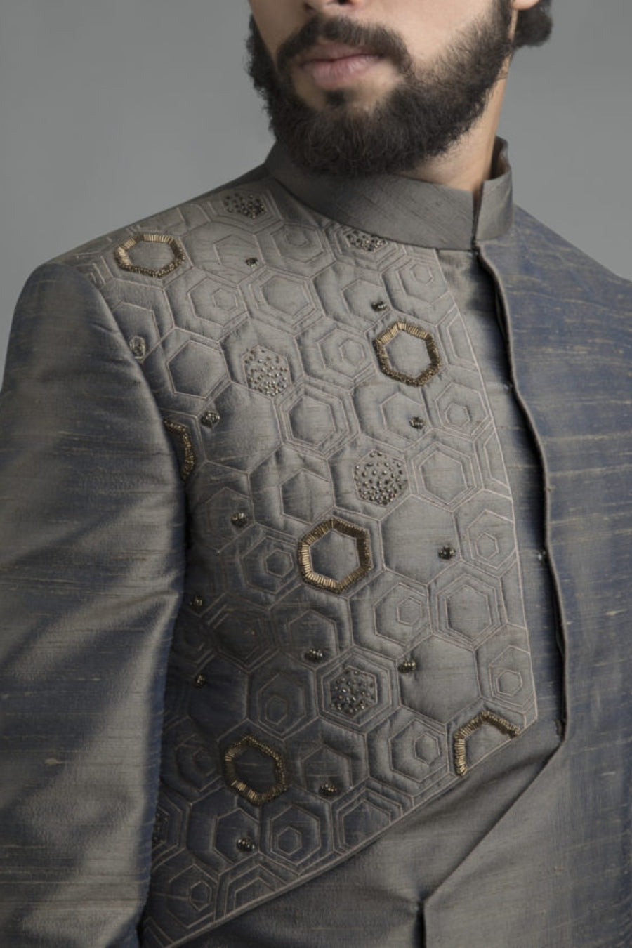 stone-grey-indo-western-hexagon-embroidery-metallic-groom-wedding-reception-sangeet-hyderabad