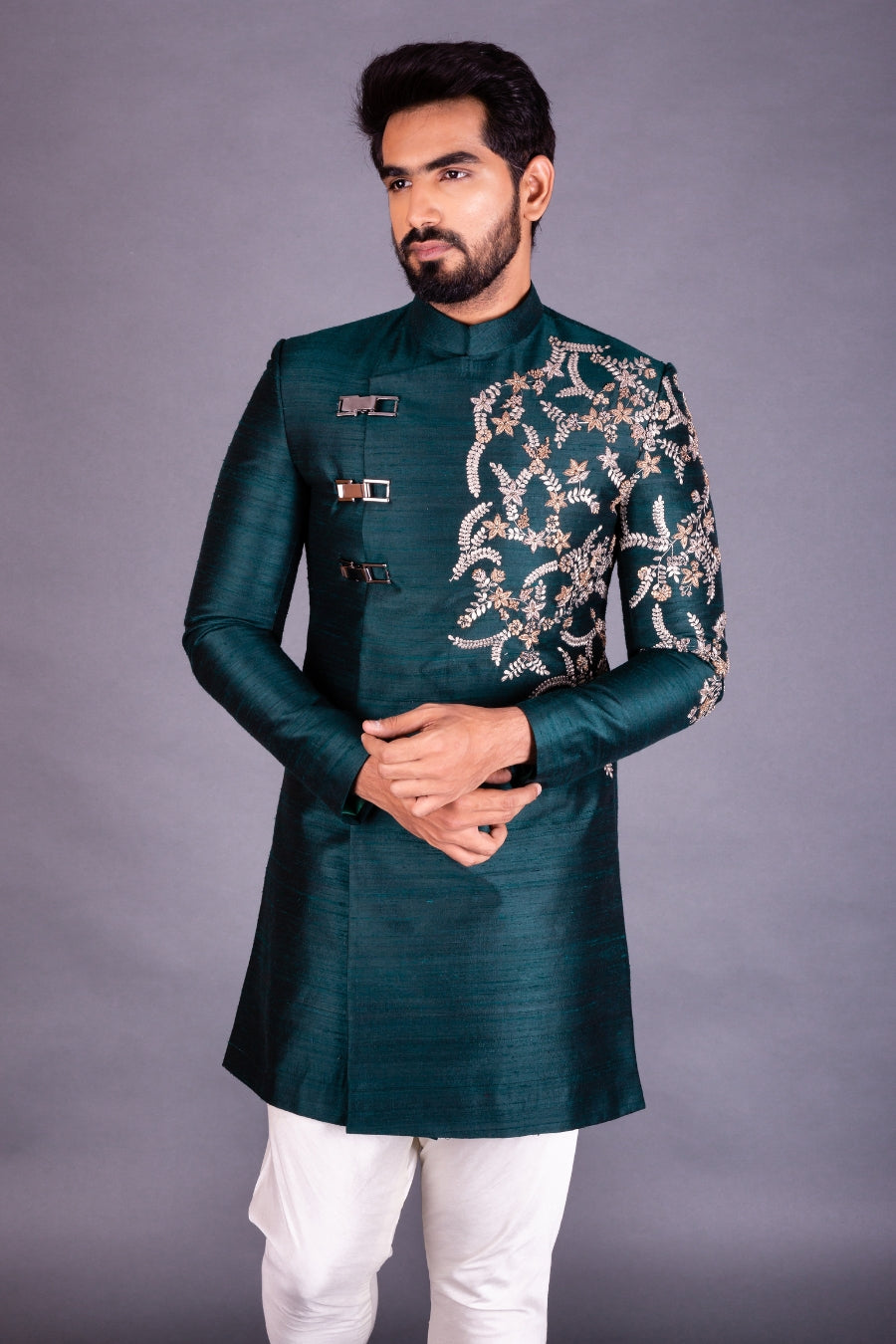 Teal Green Designer Indo-Western with Asymmetrical Embroidery and Meta Tejas Harish Teal Green Designer Indo-Western with Asymmetrical Embroidery and Meta Tejas Harish