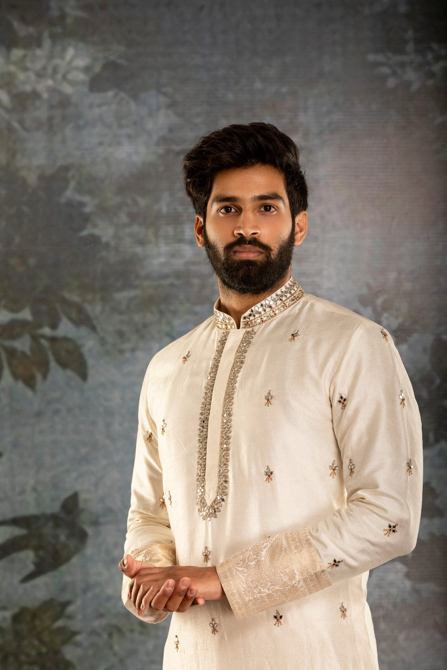 Cream waistcoat kurta with Mirror work - Tejas Harish