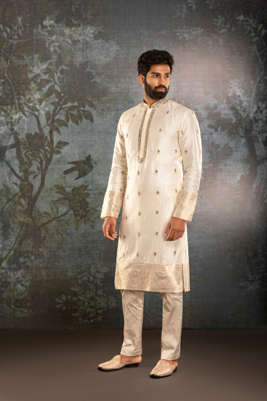 Cream waistcoat kurta with Mirror work - Tejas Harish