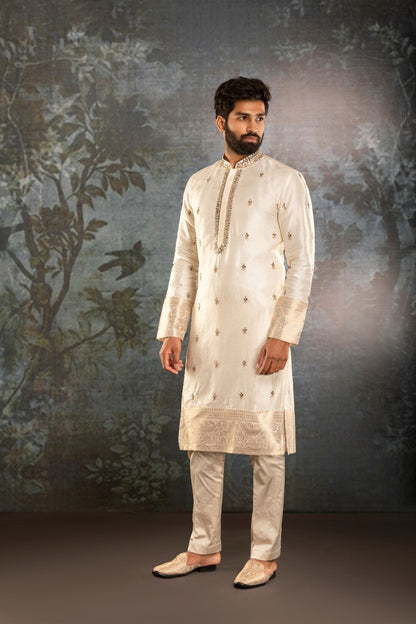 Cream waistcoat kurta with Mirror work - Tejas Harish