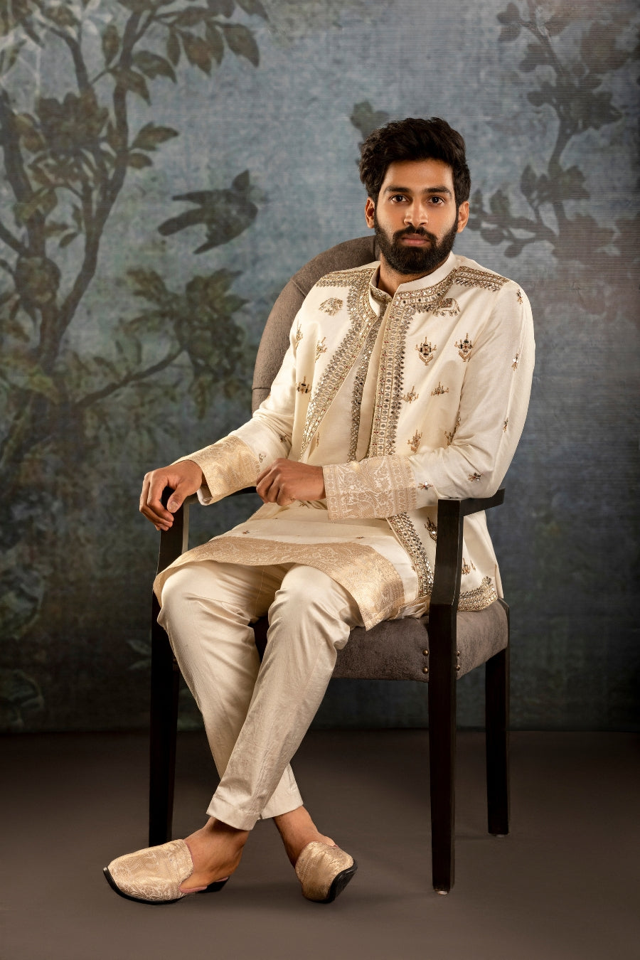 Cream waistcoat kurta with Mirror work - Tejas Harish