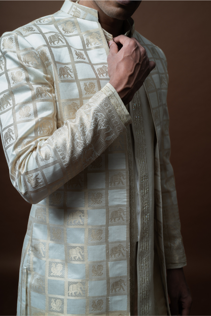 Ivory Brocade Sherwani Set adorned with Royal Grid Motifs