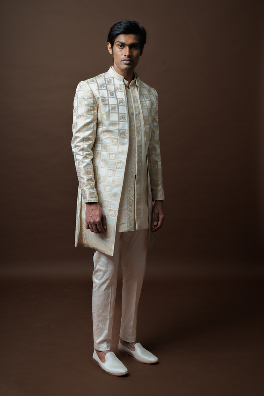 Ivory Brocade Sherwani Set adorned with Royal Grid Motifs