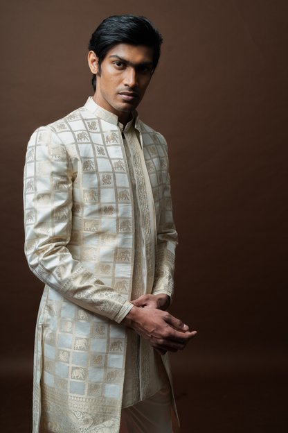 Ivory Brocade Sherwani Set adorned with Royal Grid Motifs