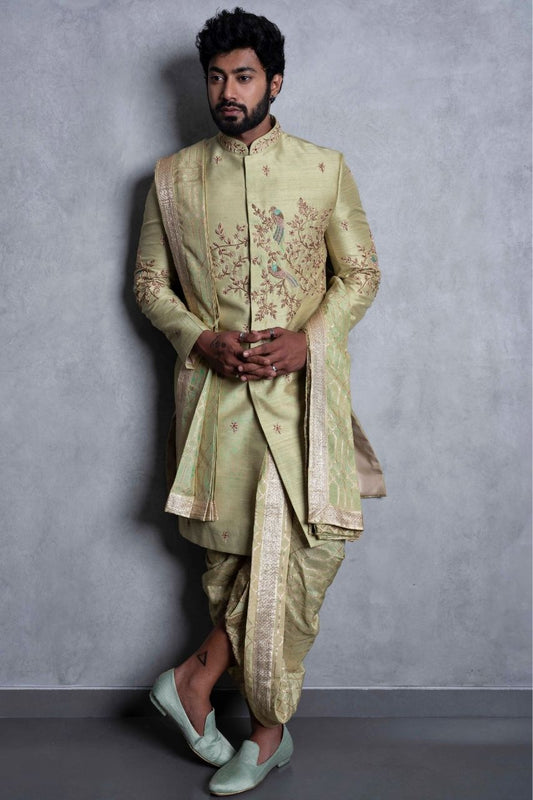 Pattu Sherwani Hyderabad, South Indian groom outfit, Muhurtham wear men, Wedding sherwani Banjara Hills, Tejas Harish groomwear