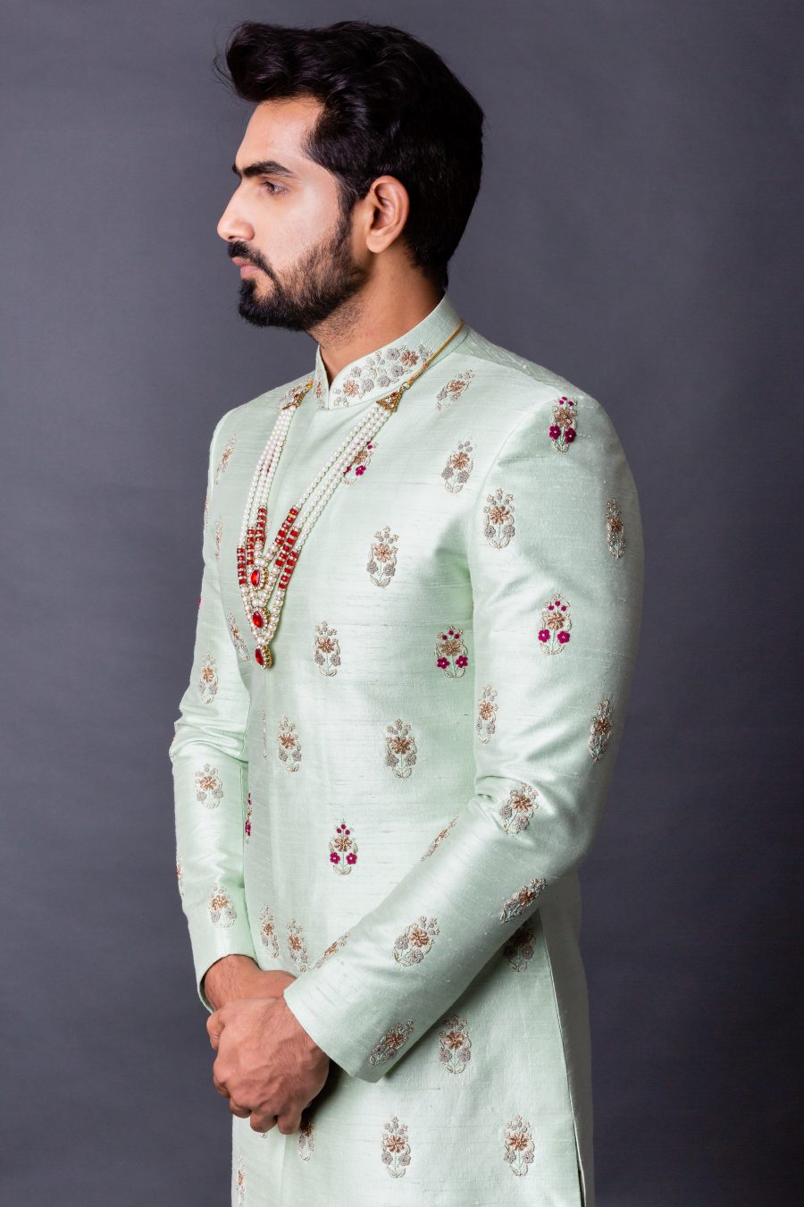 Pattu Sherwani Hyderabad, South Indian groom outfit, Muhurtham wear men, Wedding sherwani Banjara Hills, Tejas Harish groomwear

