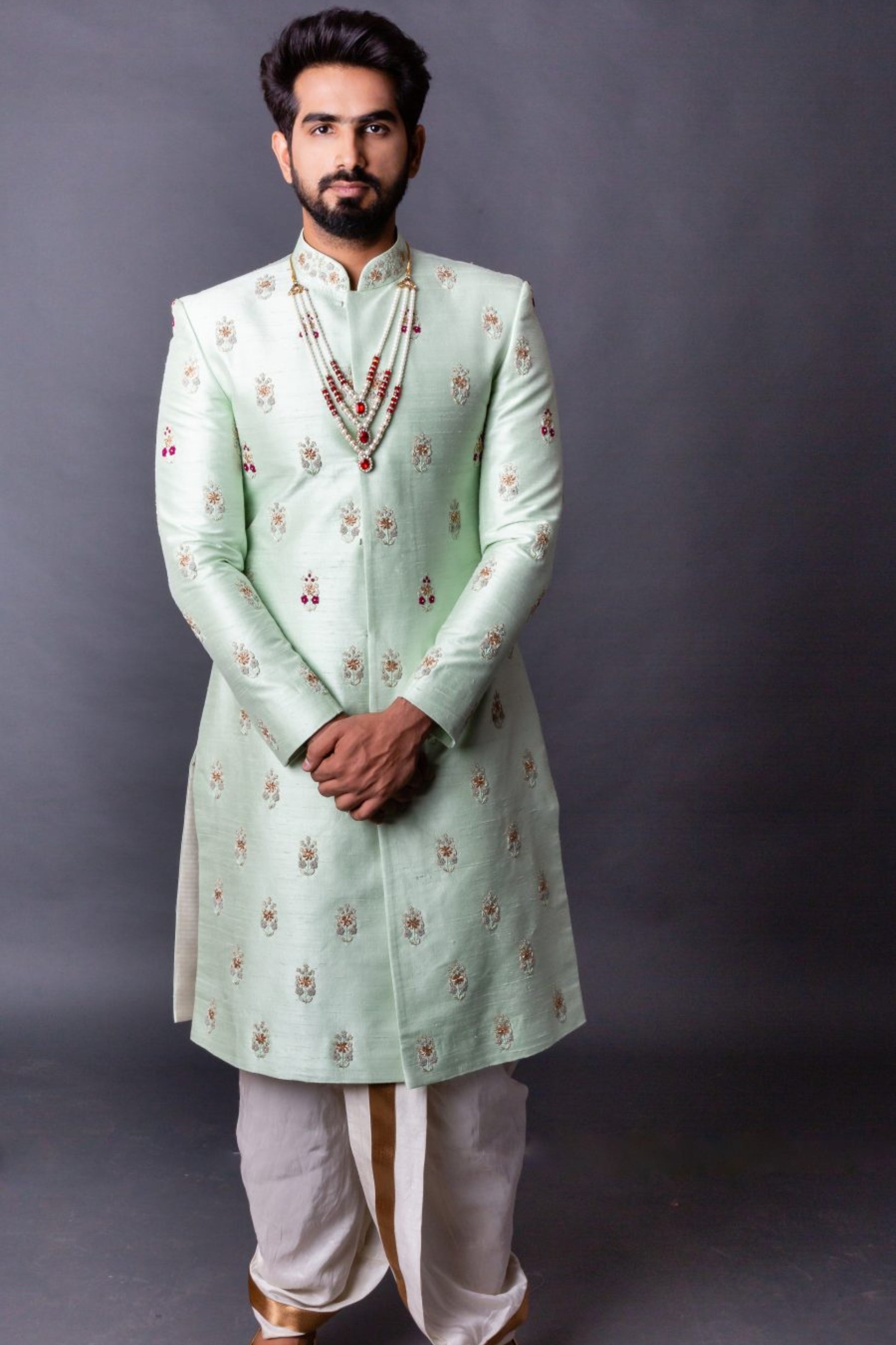 Pattu Sherwani Hyderabad, South Indian groom outfit, Muhurtham wear men, Wedding sherwani Banjara Hills, Tejas Harish groomwear