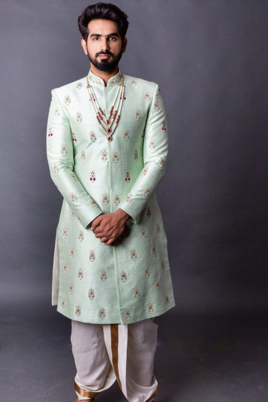 Pattu Sherwani Hyderabad, South Indian groom outfit, Muhurtham wear men, Wedding sherwani Banjara Hills, Tejas Harish groomwear