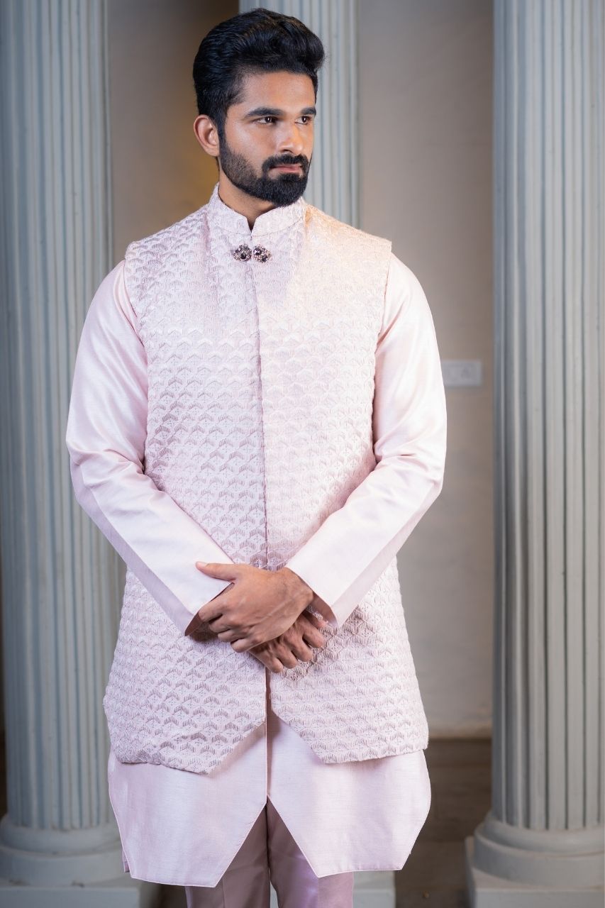 Pink groom sherwani, Indo-western wear men, Engagement outfit for groom, Reception sherwani Hyderabad, Tejas Harish Banjara Hills

