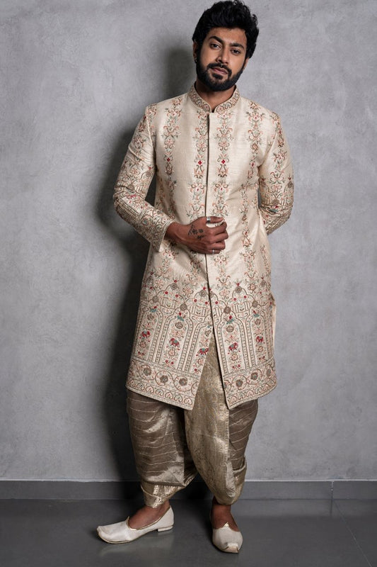 Cream Pattu Sherwani, South Indian groom outfit, Wedding sherwani Hyderabad, Designer groomwear Banjara Hills, Muhurtham sherwani for men
