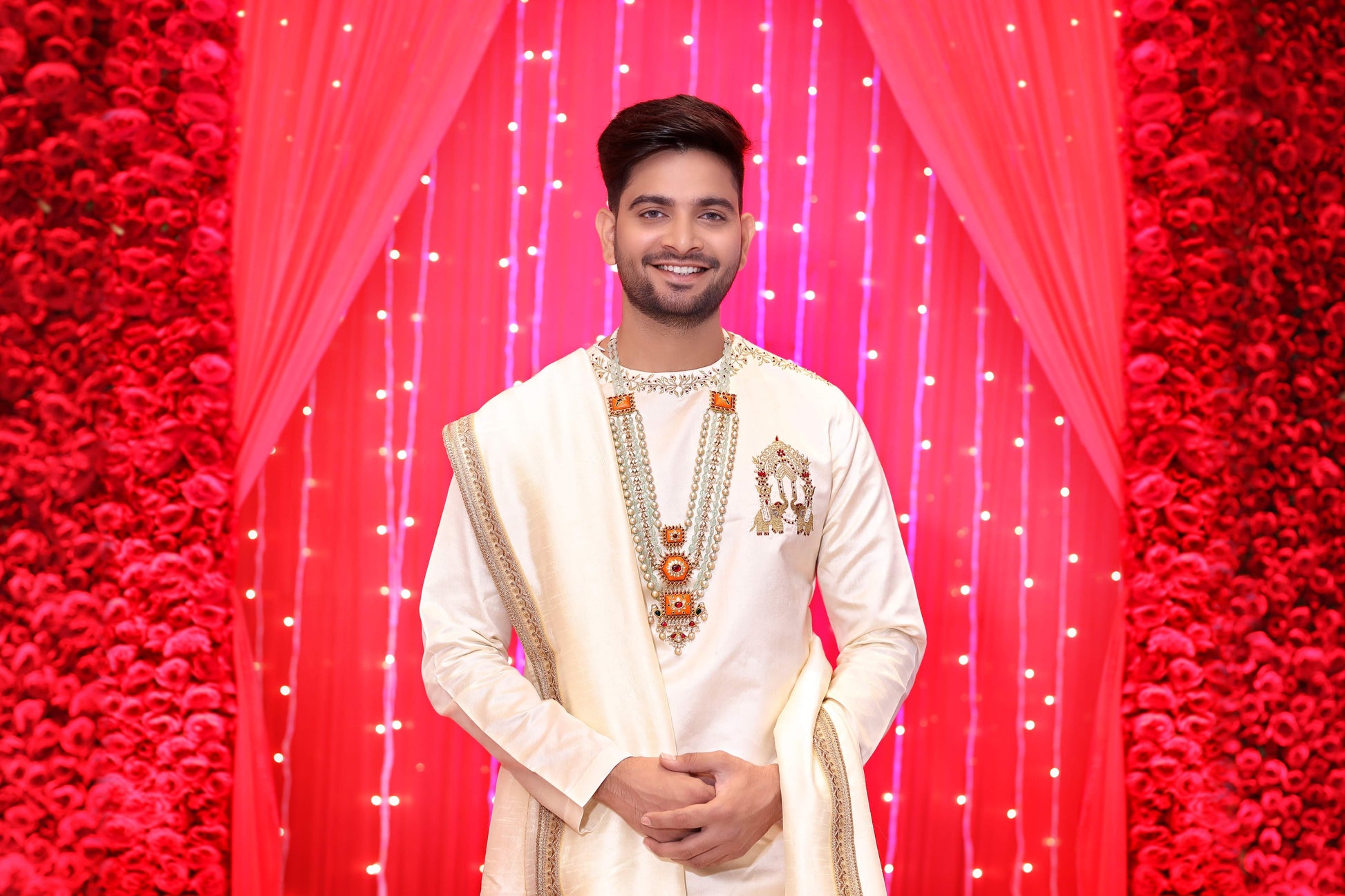 Cream dhoti kurta groom, Wedding outfit Hyderabad, Muhurtham kurta for men, Tejas Harish groomwear, Traditional groom outfit South India