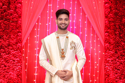 Cream dhoti kurta groom, Wedding outfit Hyderabad, Muhurtham kurta for men, Tejas Harish groomwear, Traditional groom outfit South India