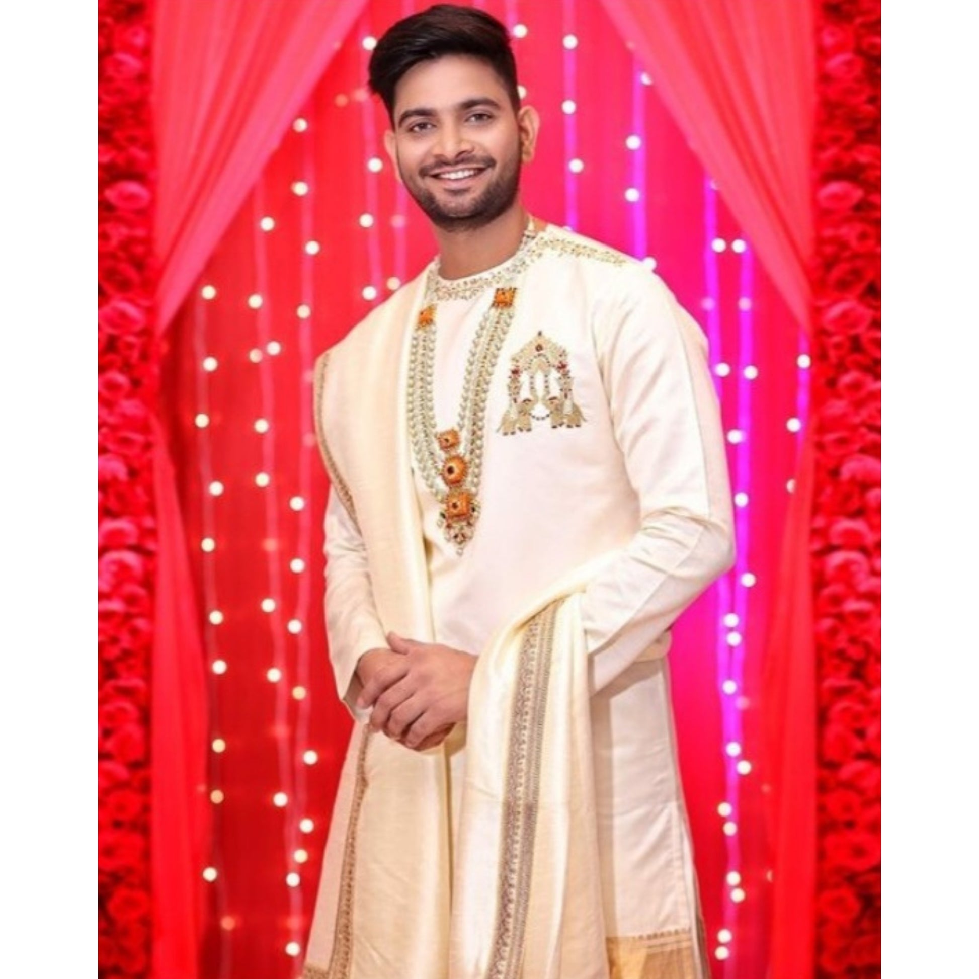 Cream dhoti kurta groom, Wedding outfit Hyderabad, Muhurtham kurta for men, Tejas Harish groomwear, Traditional groom outfit South India