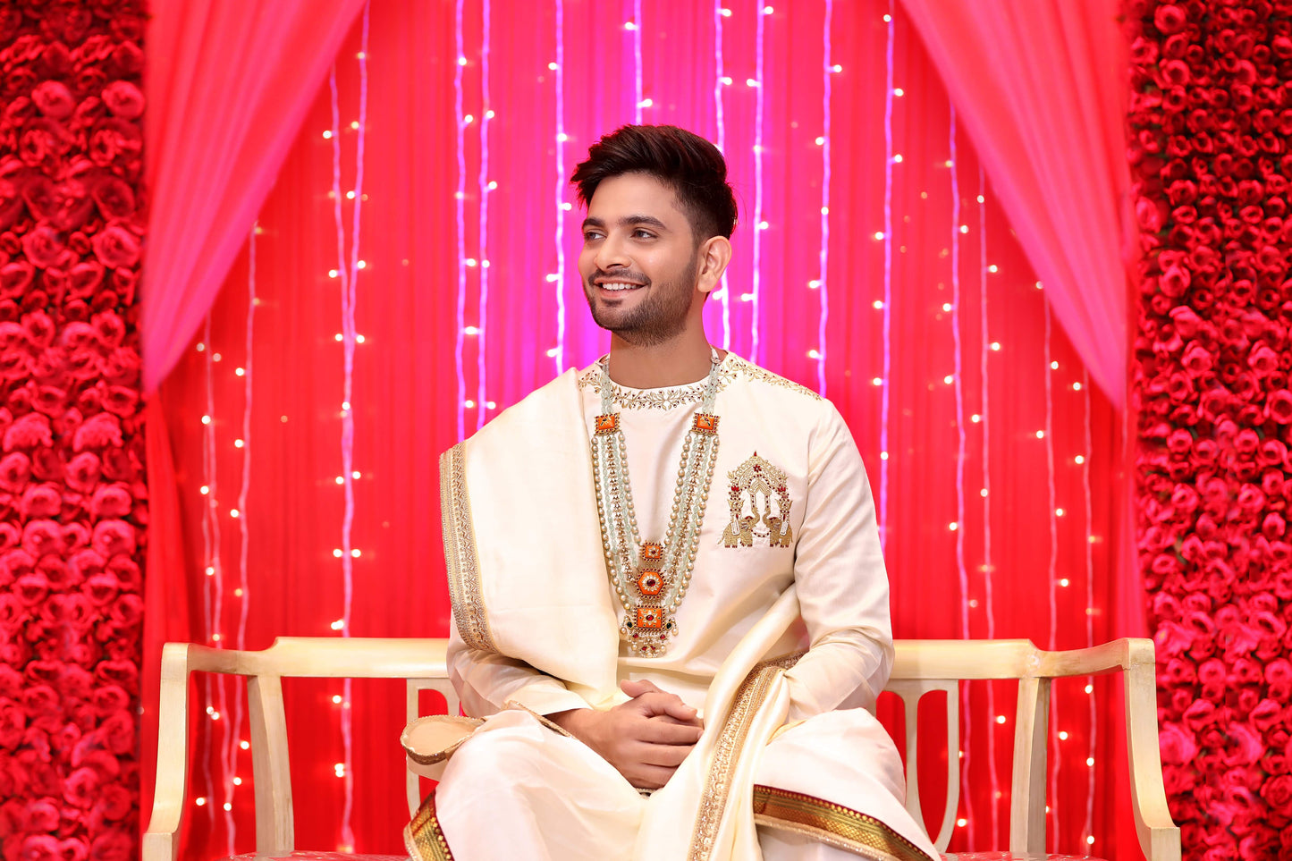 Cream dhoti kurta groom, Wedding outfit Hyderabad, Muhurtham kurta for men, Tejas Harish groomwear, Traditional groom outfit South India