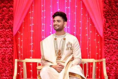 Cream dhoti kurta groom, Wedding outfit Hyderabad, Muhurtham kurta for men, Tejas Harish groomwear, Traditional groom outfit South India