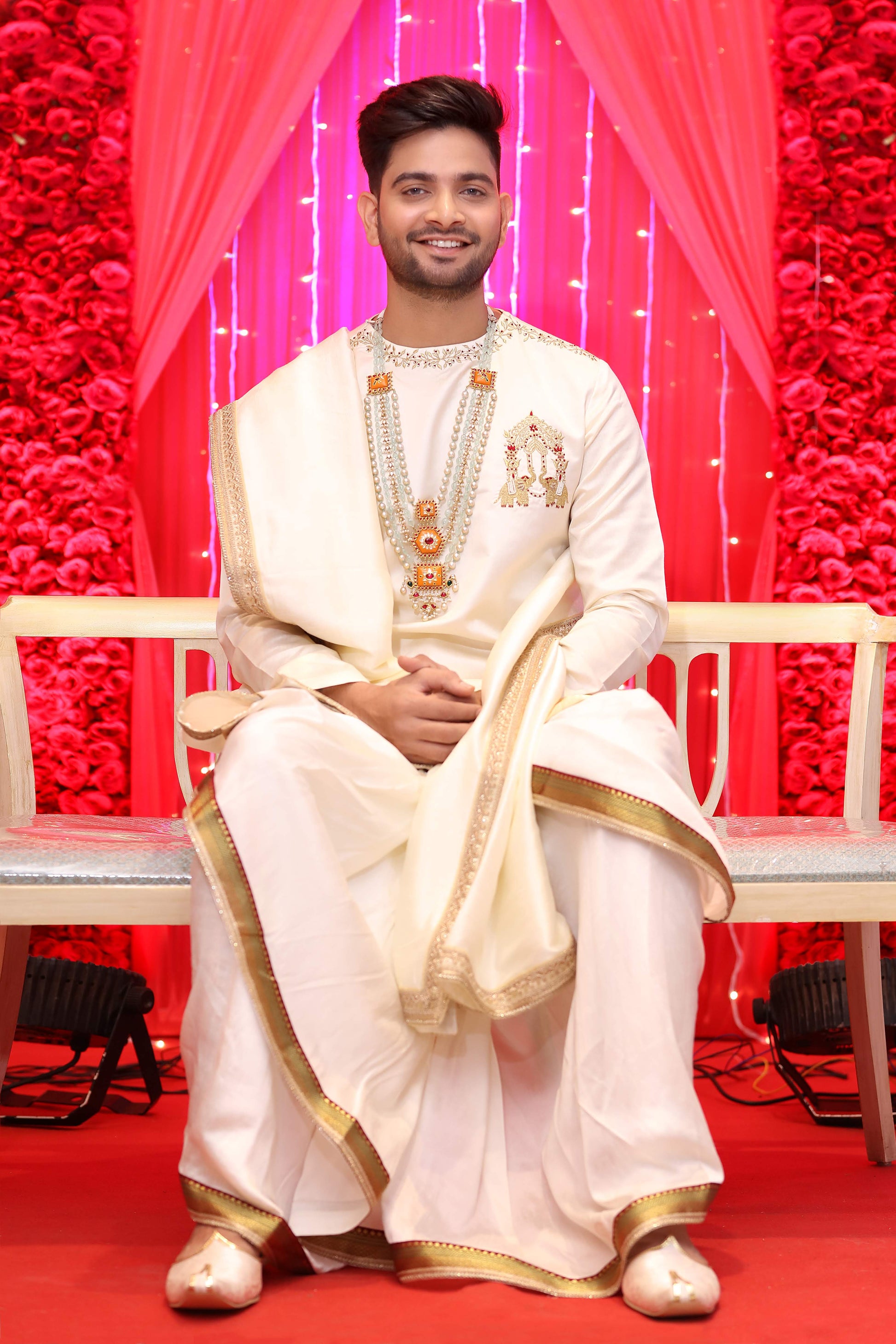 Cream dhoti kurta groom, Wedding outfit Hyderabad, Muhurtham kurta for men, Tejas Harish groomwear, Traditional groom outfit South India