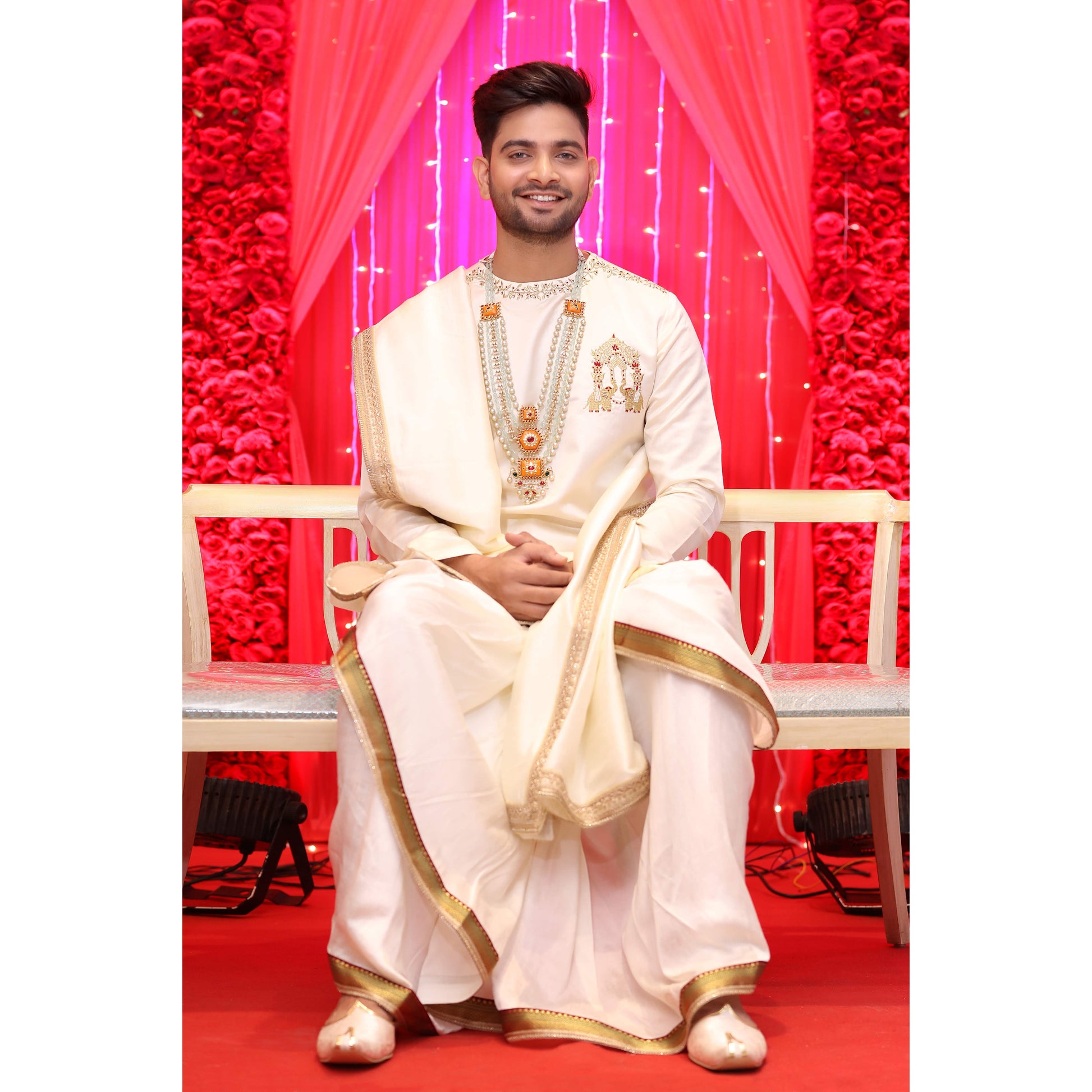 Cream dhoti kurta groom, Wedding outfit Hyderabad, Muhurtham kurta for men, Tejas Harish groomwear, Traditional groom outfit South India