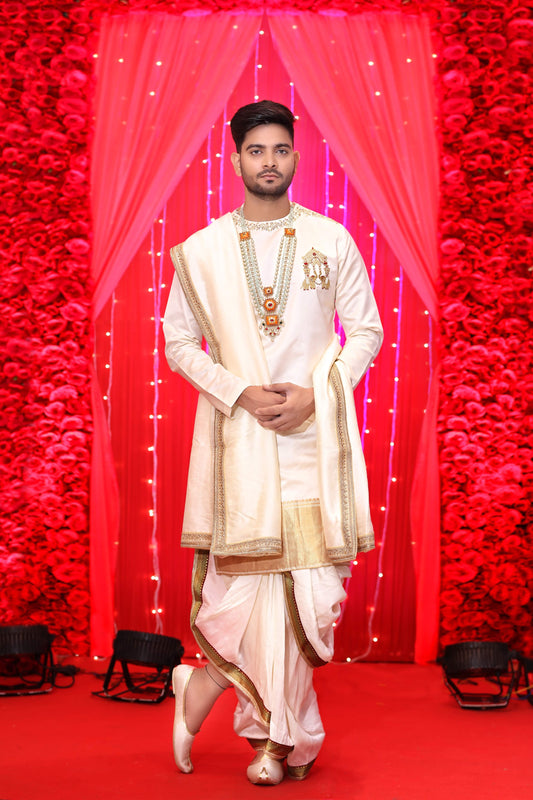 Cream dhoti kurta groom, Wedding outfit Hyderabad, Muhurtham kurta for men, Tejas Harish groomwear, Traditional groom outfit South India