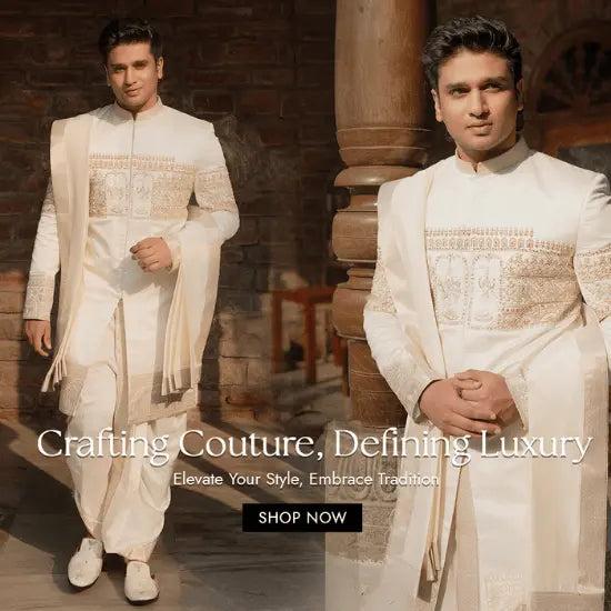 Luxury South Indian groomwear for weddings – Sherwanis, Kurtas & Suits by Tejas Harish Hyderabad