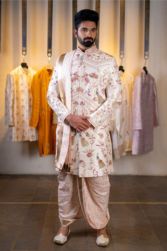 Pastel sherwani, Indo-western sherwani Hyderabad, Engagement sherwani for men, Reception outfit for groom, Pattu kurta, Groomwear Hyderabad, Tejas Harish Banjara Hills, Luxury groomwear, Designer sherwani for men, Men’s ethnic wear Hyderabad, South Indian wedding outfit, Stylish sherwani Hyderabad