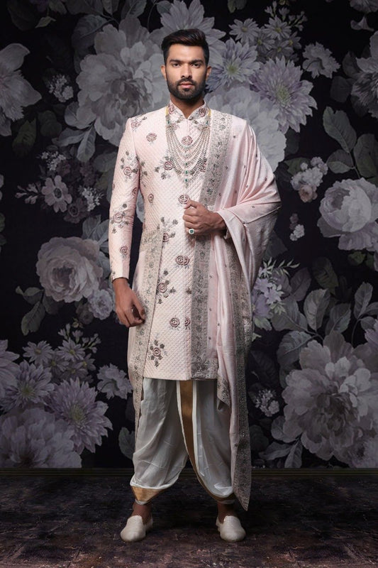 Pink groom sherwani, Indo-western wear men, Engagement outfit for groom, Reception sherwani Hyderabad, Tejas Harish Banjara Hills