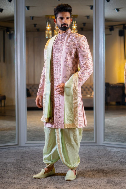 Pink sherwani groom, Green dhoti outfit men, Pellikoduku dress Hyderabad, Muhurtham sherwani set, South Indian groom wear