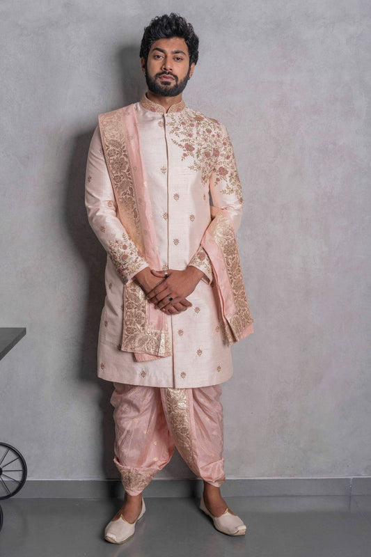 Peach sherwani groom, Wedding outfit Hyderabad, Pellikoduku sherwani men, Traditional groomwear, Tejas Harish ethnic wear
