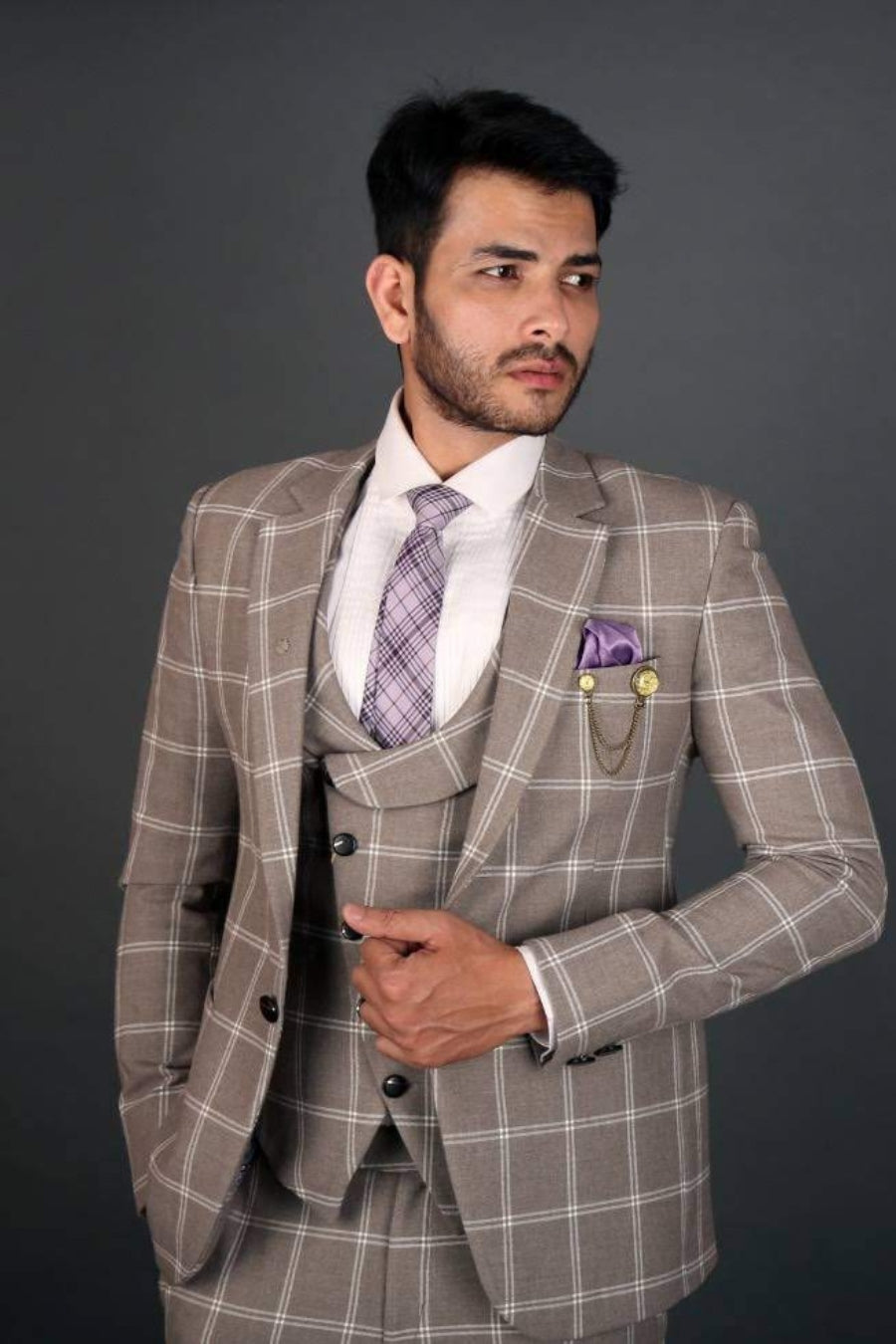 Grey check suit men, 3-piece blazer Hyderabad, Groom reception outfit, Tejas Harish men’s suit, Party wear blazer men

